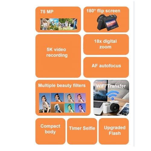 POENVFPO 5K Digital Camera, 75MP & 18x Optical Zoom with WiFi 3in Flip Screen Vlogging Camera with Flash for Travel (White) — view 2