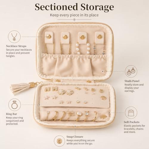 Travel Jewellery Box,Travel Jewelry Organizer,Travel Bag for Toiletries,Jewelry Case with Detachable Compartments,Pouch for Traveling, Travel Bag for Necklaces,Earrings and Rings,Mothers Day Gift — view 5