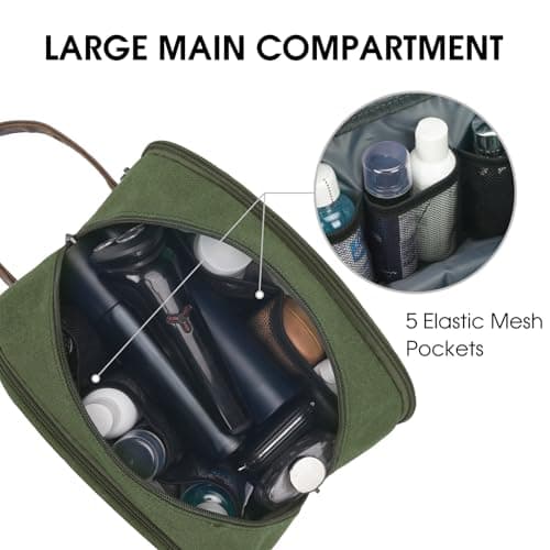 WANDF Toiletry Bag for Men, Travel Wash Bag with Handle, Water-Resistant Canvas Shaving Organiser, SBS Metal Zipper Dopp Kit for Makeup Bathroom Gym (Green) — view 3