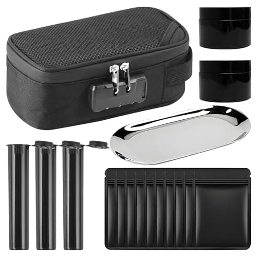 17PCS Smell Proof Bag with Combination Lock, Odor Proof Stash Box Container with 10 Smell Proof Baggies, 3 Flip-top sealed tubes, 2 PET Stash Jar & 1 Stainless Tray, Portable Lockable Pouch for Travel