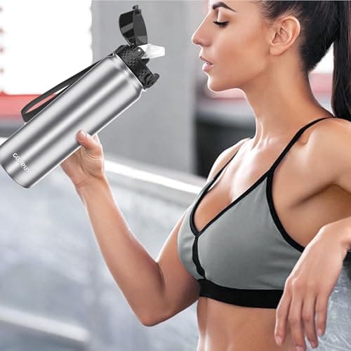 GOPPUS 1L/32oz Stainless Water Bottle with Straw Double Wall Insulated Bottles with Strap Reusable Vacuum Thermal Flask Leakproof Keep Cold Drinks Bottles with Flip Top Lid BPA Free (Silver) — view 6