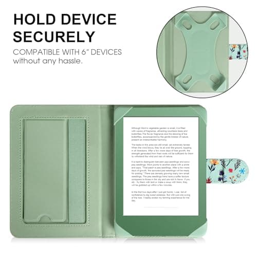 HoYiXi Universal Case For 6 inch eReader,Compatible with Kindle/Kobo Clara HD/Kobo Clara 2E/Paperwhite/PocketBook/Tolino eReader,with HandStrap/Kickstand, Cover Case for 6'' eReaders,Green flowers — view 2