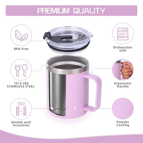 Volhoply 12oz Insulated Leakproof Coffee Mug with Sliding & Straw Lid,Double Wall Vacuum Stainless Steel Travel Cafe Tumbler Cup with Handle,Reusable Camping Mugs Keep Cold/Hot(Purple,1 Set) — view 3