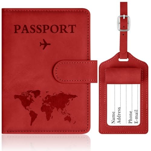 OFFCUP Passport Holder Cover, PU Leather Passport Cover and Luggage Tag Set with RFID Blocking Travel Wallet, Universal Travel Wallet Case Organiser for Money, Boarding Passes, Credit Cards Red