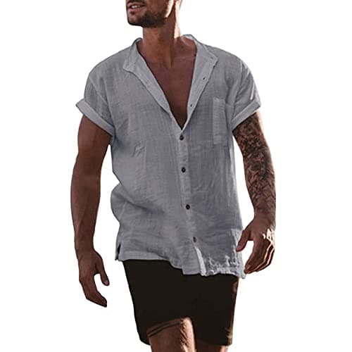 Men's Loose Short Sleeve Beach Cardigan with Practical Front Pocket, Lightweight Solid Casual Shirt for Summer Vacation, Travel, and Daily Wear (Grey, L) — view 2