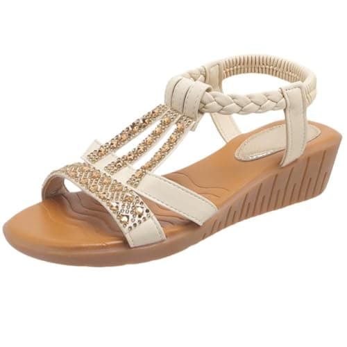 DFSDJEUW outlet clearance Womens Sandals Wide Fit Comfortable Slip on Wedge Shoes Casual Open Toe Orthopedic Slide Lightweight Summer Cushion Plantar Fasciitis slip on sandals women Beige 4.5 — view 4