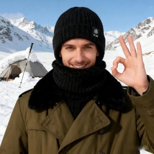 YCZARD Winter Beanie Hat Neck Warmer Set, Windproof Thermal Fleece Line Warm Winter Hat and Scarfs Set for Men & Women Running Jogging Skiing Cycling Black — view 4