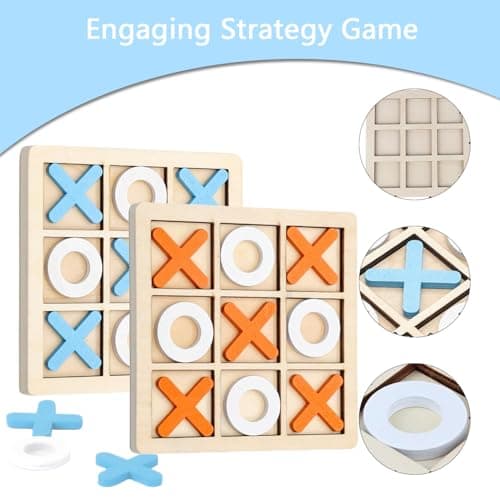 2 Pcs Noughts and Crosses Game,Funny Wooden Tic Tac Toe Game,Portable Travel Size Classic XO Chess Board Game for Kids Adults Indoor Game(Orange and White, Blue and White) — view 3