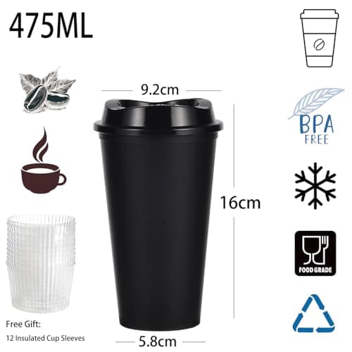 CuppaLifes 475ml Reusable Coffee Cups with Lids, 12 Pack Insulated Plastic Tumblers, Travel Mugs for Hot/Cold Drinks, Smoothie, Takeaway Cups for Adults (12, Black) — view 2