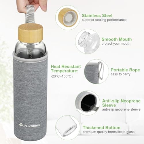 flintronic Glass Water Bottle, 550ml Borosilicate Water Bottle for Hot Cold Drinks, Leak Proof Glass Bottle with Protective Sleeves, Bamboo Lid Drink Bottle for Home Travel Sport (BPA-Free) — view 4