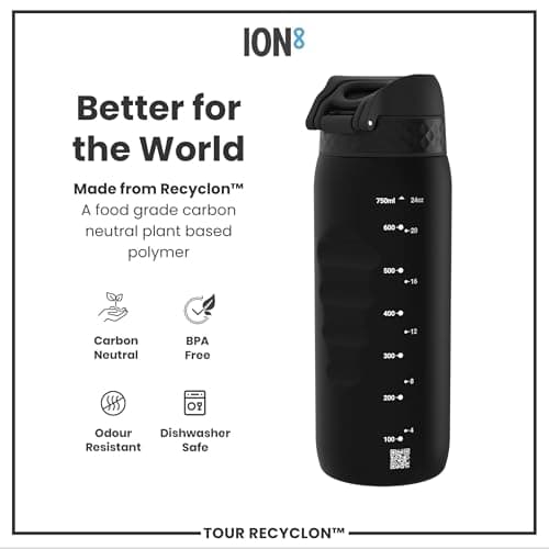 ION8 Sports Water Bottle, 750 ml/24 oz, Leak Proof, Easy to Open, Secure Lock, Dishwasher Safe, BPA Free, Flip Cover, Carry Handle, Soft Touch Contoured Grip, Easy Clean, Odour Free, Black — view 5