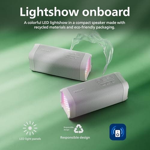 PHILIPS TAS2000WT Bluetooth Wireless Speaker with LED Lightshow, 20 W Bass+, Auracast, 20 Hrs Play Time, IPX5 Splash-Proof, USB Playback, Mic, App Control – White — view 4