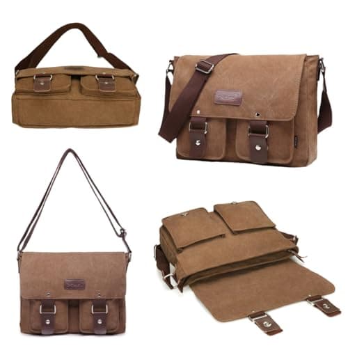 flintronic Canvas Messenger Bag, Men's Cross Body, 14 inch Laptop Bag, Vintage Satchel Briefcase, with Multiple Pockets, for School Travel Outdoor Work Daily Use — view 6
