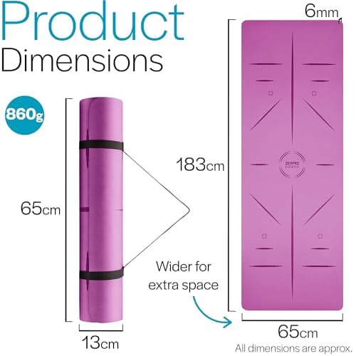 Core Balance TPE Yoga Mat with Alignment Lines 6mm Non Slip Foam Exercise Fitness with Travel Strap (Purple) — view 6
