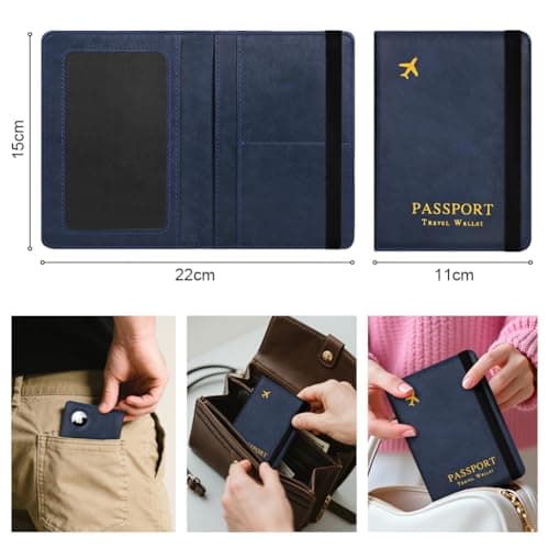 AOOSU Airtag Wallet Passport Holder Cover, PU Leather Passport Cover with RFID Blocking Travel Wallet, Portable Universal Travel Wallets Case Organiser for Money, Boarding Passes, Cards Navy Blue — view 2