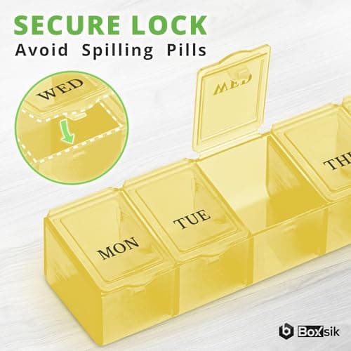 Boxsik Pill Box Organiser (Yellow), 7-Day 1 Times a Day Medicine Storage Case, Weekly Tablet Pills Container for Vitamins, Supplements & Travel Medication, Safe & Portable Medicine Holder — view 2