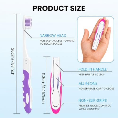 2Pcs Folding Toothbrush, Portable Travel Toothbrush Set, Lightweight Soft Tooth Brush for Travel, Camping, Hiking, Office (Pink & Purple) — view 3