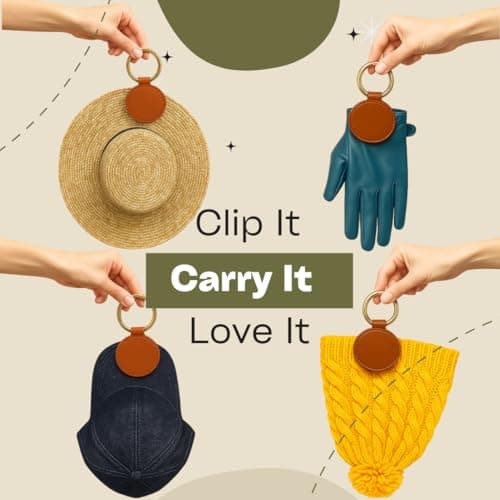 GALAXY BEAUTY Magnetic Hat Clip for Bag Travel (Brown) - Hands Free Hat Holder Clip for Backpack, Luggage, Purse - Leather Cap Clip with Gold Carabiner Key Ring — view 6