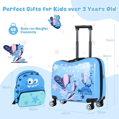 COSTWAY 2PCS Kids Luggage Set, Children Backpack and Ride-on Suitcase with Footrest, Anti-Lose Rope, Travel School Trolley Hardshell Case for Boys Girls (Dinosaur, 28cm Backpack + 33cm Suitcase) — view 5