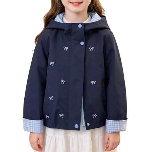 Waterproof Jacket Girls Bow Print Lightweight Jackets with Hood 2026 Windbreaker Rain Coat with Pockets Casual Long Sleeve Full Zip Raincoat Breathable Hiking Walking Coat (Navy, 4-5 Years)