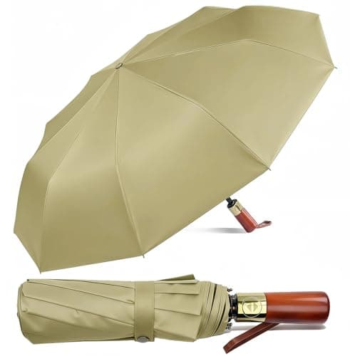 Pdyay 10 Ribs Folding Umbrellas Portable Windproof Waterproof Compact Umbrella with Auto Open and Close for Travel Outdoor Golfing Camping (Khaki)