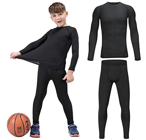 HOPLYNN Youth Boys' Compression Leggings Athletic Shirt Tights Top Base Layer Set Sports Youth for Kids Balck L