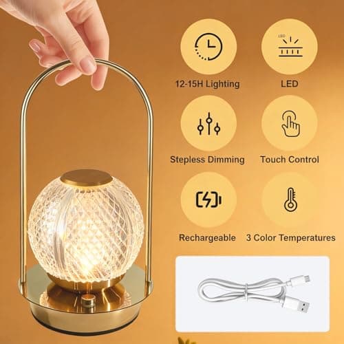 Cordless Rechargeable Table Lamp - Protable Metal Gold Table Lamp, Crystal Vintage Lantern Table Touch Light, 3 Color Stepless Dimming Battery Operated Light for Indoor Outdoor, Camping, Bedroom(Gold) — view 3