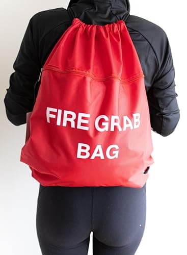 MediCounter Fire Grab Bag – Emergency Fire Evacuation Drawstring Bag (42x49cm) with Outer and Inner Zip Pockets & Info Tag – Water-Resistant -RED — view 5