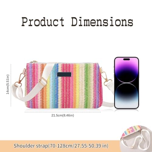 FuninCrea Rainbow Women’s Straw Crossbody Bag with Detachable Strap and Zipper, Lightweight Small Shoulder Bag Straw Bag for Summer Beach Daily (Color 1) — view 4