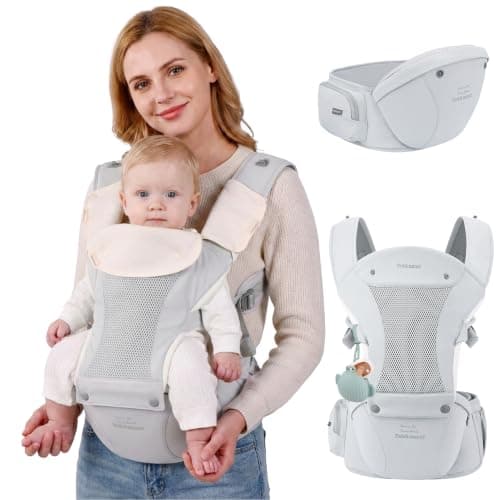 Bebamour Baby Carrier with Hip Seat, 6 Carrying Positions, Newborn to Toddler Baby Carrier 0-36 Months, Adjustable Waist & Padded Shoulder Straps, Head Hood, Pacifier Case & Teething Pads (Mesh Gold) — view 2