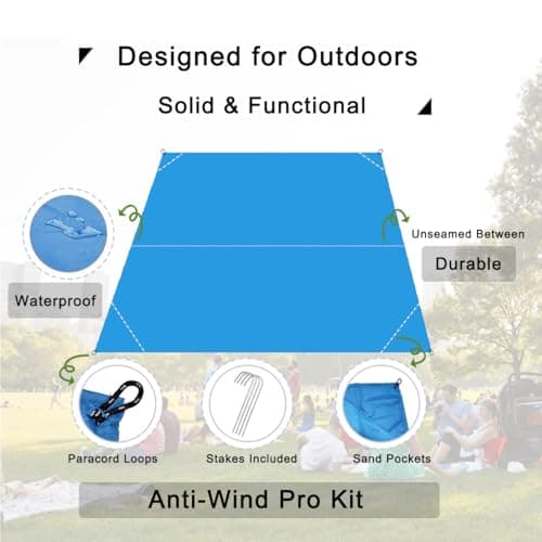 Legnowit Outdoor Pocket Blanket, 140 x 150 cm Waterproof Compact Lightweight Mini Picnic Blanket, Sand Free Beach Mat, Small Tarp for Concert Festival Camping Hiking Travel, Stakes Included (Blue) — view 3