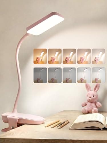 Pink Lamp,9 Brightness+5 Color Clip on Light,48 LED Desk Lamp Reading Light