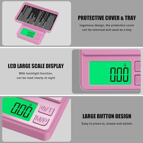 Diyife Mini Scales, [1000g/0.01g] Small Pocket Scales, High Precision Portable Weighing Scales with Cover, Fast Read with Back-Lit LCD Display, for Jewellery Gold Coffee Coin Herb Lab, Pink — view 3