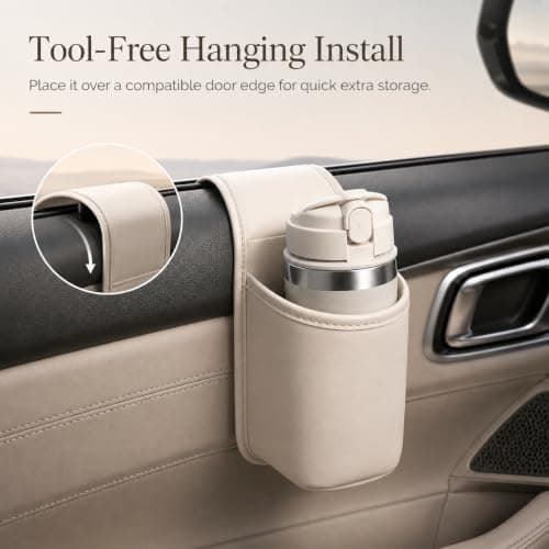 Leather Car Door Cup Holder, PU Wide-Mouth Drink Organizer (Grey) — view 4