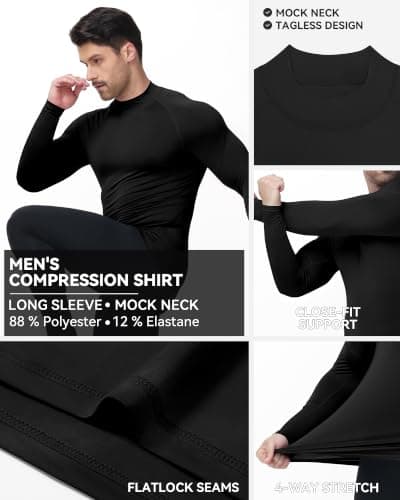 Runhit Black Compression Base Layer Mock Turtle Neck Tops for Men, Quick Dry Long Sleeve T Shirt Mens, Breathable Thermal Sports Undershirt for Gym Running Workout Fitness Training L — view 4