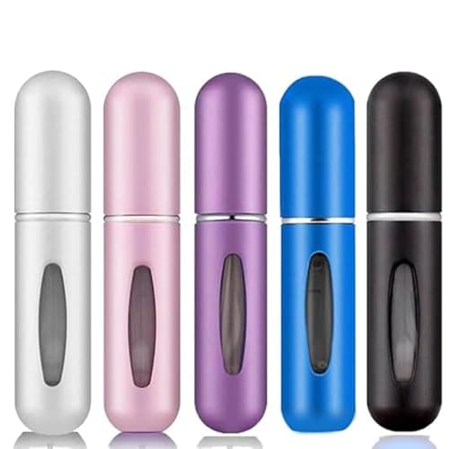 JITFLG 5 Pack 5ml Travel Perfume Bottle, Refillable Metal Atomiser with Bottom-Fill, Leakproof Fragrance Spray for Gym Airplane, Matte Aluminum in Pink Black Blue Silver Purple