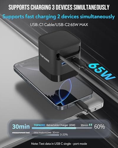 65W Retractable Travel USB C Charger, 3-Ports Foldable Travel Adapter Plug Converter with UK/EU/AU Plugs, Fast Charging for Laptop, for Macbook Pro/Air, for iPhone 17/16/15 series, iPad Pro/Air, Black — view 6