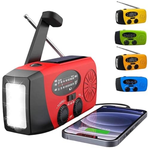 Portable Emergency Radio, Wind Up Solar Hand Crank Powered Weather Radio with AM/FM Tuner 2000mAh USB Phone Charger SOS Alarm LED Flashlight for Household Outdoor Camping Hiking (red)