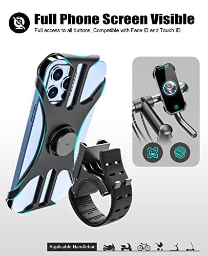 Acrhkoor Bike Phone Holder, 360° Rotatable Adjustable Detachable Motorcycle Phone Mount, Universal Silicone Bicycle Phone Holder Compatible with iPhone 13 12 11 Pro Max/XR/XS/8/7, Samsung (4.0"-7.0") — view 3