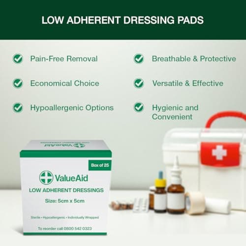 Value Aid Low Adherent Dressing Pads - 5cm x 5cm Hypoallergenic Sterile Wound Care, Non-Stick Surface for Gentle Removal - Individually Wrapped Medical Dressings for Cuts & Grazes (25 Pack) — view 2