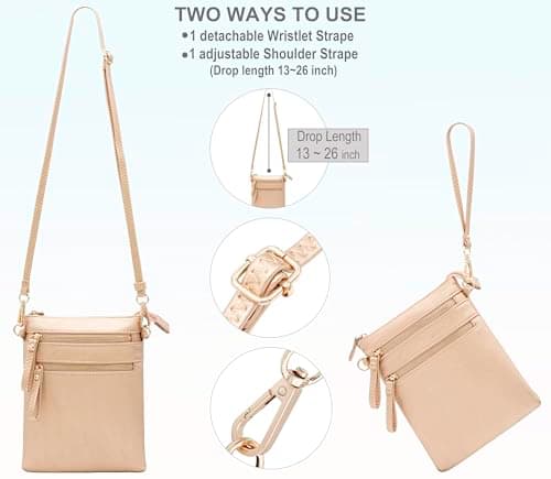 Solene Women's Crossbody Bag Multi Zipper Pockets with Detachable Wristlet, Lightweight Travel Purse, Cell Phone Purses, Rose Gold, M — view 5