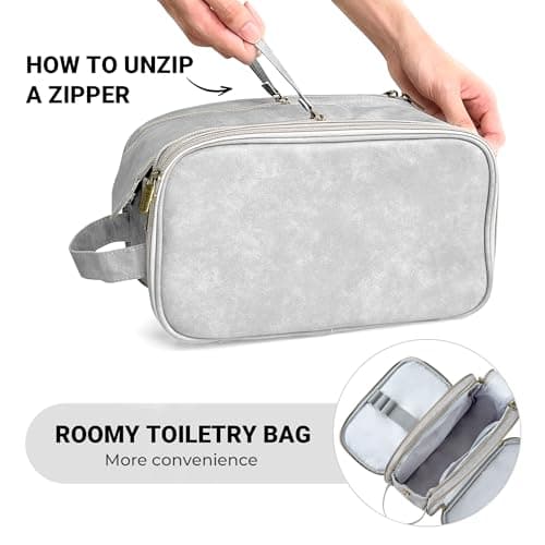 Water-Resistant Leather Toiletry Bag for Men, Women Large Travel Wash Bag Shaving Dopp Kit Bathroom Gym Toiletries Makeup Organizer with Free Wet Dry Bag (Grey) — view 5