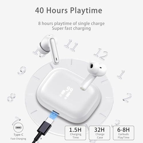 Wireless Earbuds, 2026 Bluetooth 5.4 Headphones in Ear 6D Bass Stereo, 40H Earphones with 4 ENC Noise Cancelling Mic, IP7 Waterproof USB-C, AI-Enhanced Calls Bluetooth Earbuds for Android iOS, Ivory — view 4