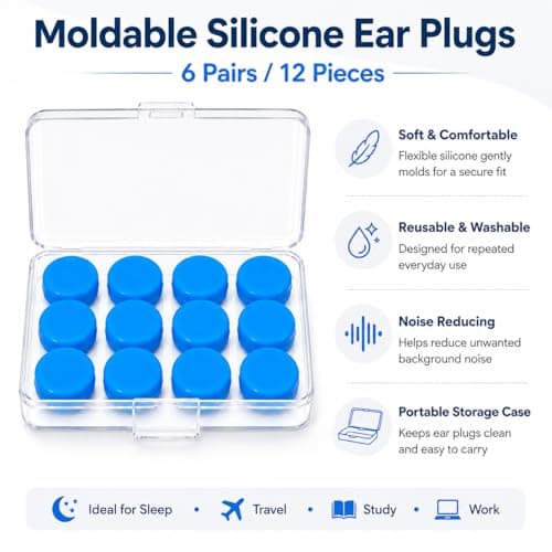 6 Pairs Soft Silicone Ear Plugs for Sleeping, Reusable Moldable Earplugs with Storage Cases, 32dB Noise Reducing Gel Ear Plugs for Sleep, Snoring, Swimming, Travel, Work, Study and Concerts (Blue) — view 3