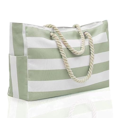 Megcdtr Large Beach Bag, Stripe Tote Bag with Zip(Green and White)