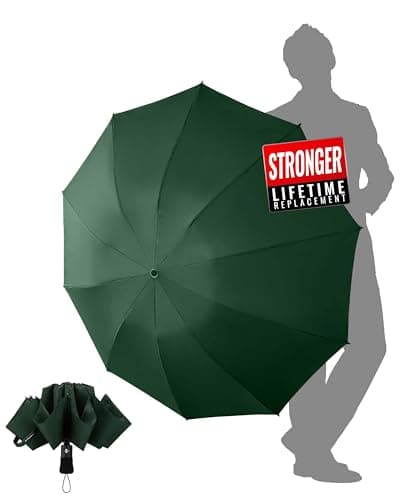 Chakipee Travel Windproof Strong Compact Umbrella - 10 Ribs Green Portable Umbrella for Men and Women - Inverted Folding Automatic Umbrellas for Wind and Rain, 210T Fabric 105cm Span