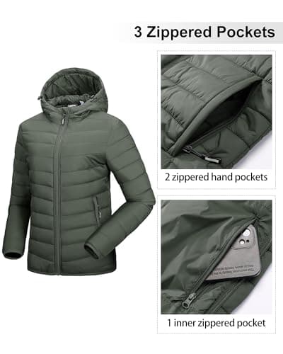 Outdoor Ventures Women's Winter Lightweight Puffer Jacket with Hood, Warm, Short, Packable, Quilted, Transitional, Padded Jacket for Ladies, Lined for Hiking, Travel Army Green 2XL — view 5