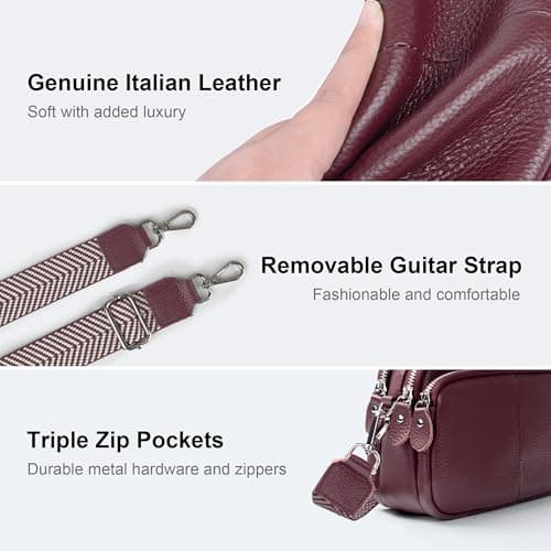 befen Red Genuine Leather Cross Body Bags for Women Small Shoulder Bags Triple Camera Bag for Women Cell Phone Bag with Wide Adjustable Strap — view 3