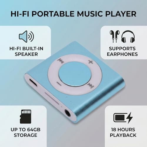 Ejoyous MP3 Player Aluminum Alloy Music Player with Built in Speaker 64GB Card Support 18H Playback HiFi Sound 3.5mm Earphones for Students Running Travel (Light Blue) — view 4
