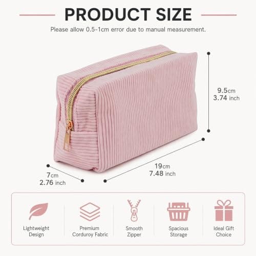 Corduroy Small Makeup Bag for Women, Mini Travel Cosmetic Pouch with Zipper, Portable Toiletry Wash Bag for Handbag, Cute Skincare Organiser for Girls — view 3